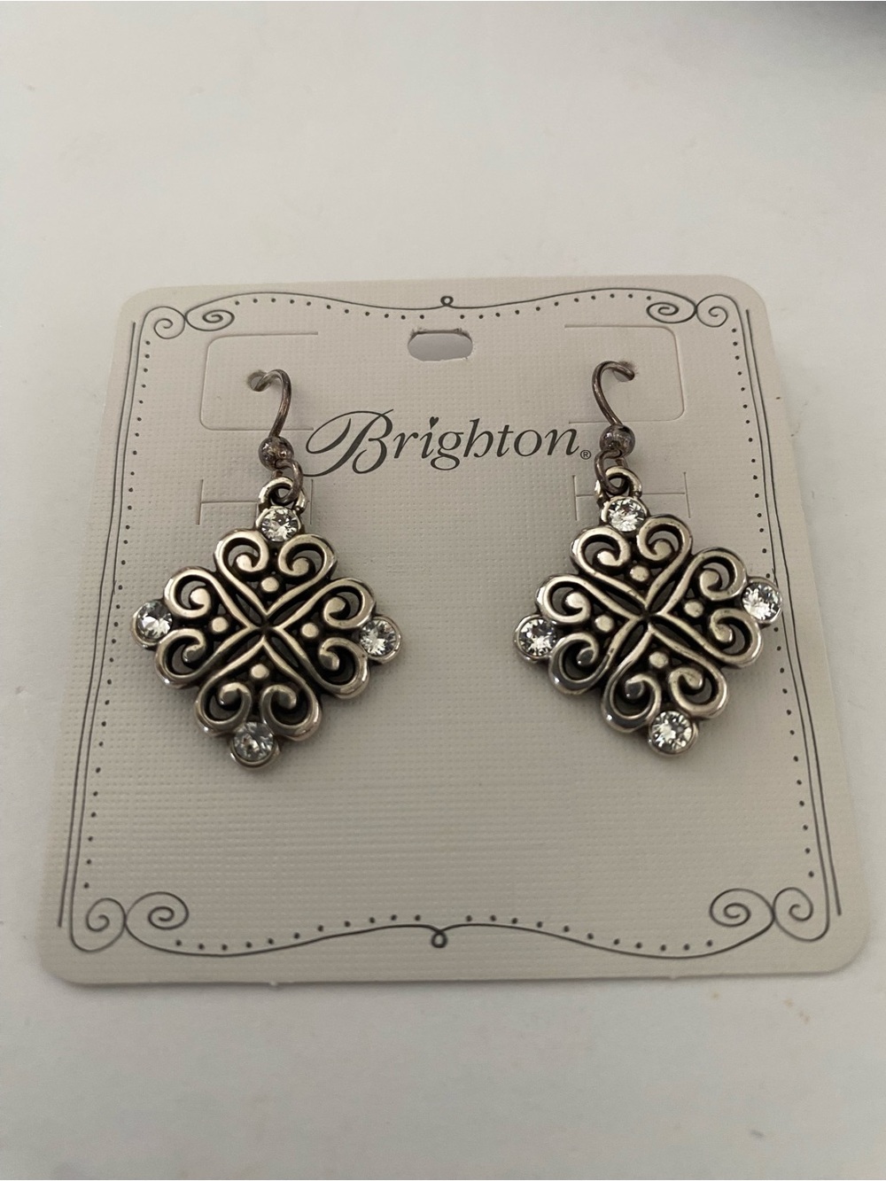 Brighton Alcazar Silver Heart Filigree Clover Drop Earrings with Crystal Accents